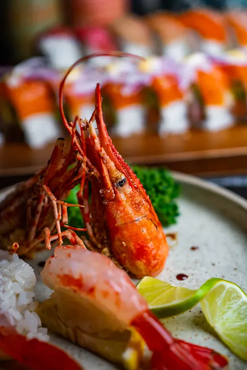 Shrimp nigiri with a whole shrimp