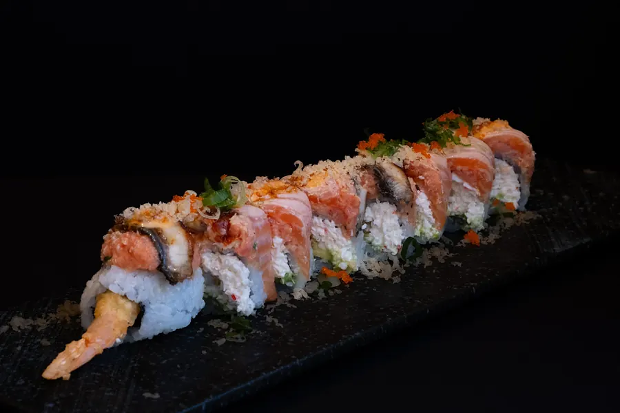A seared roll with tempura shrimp